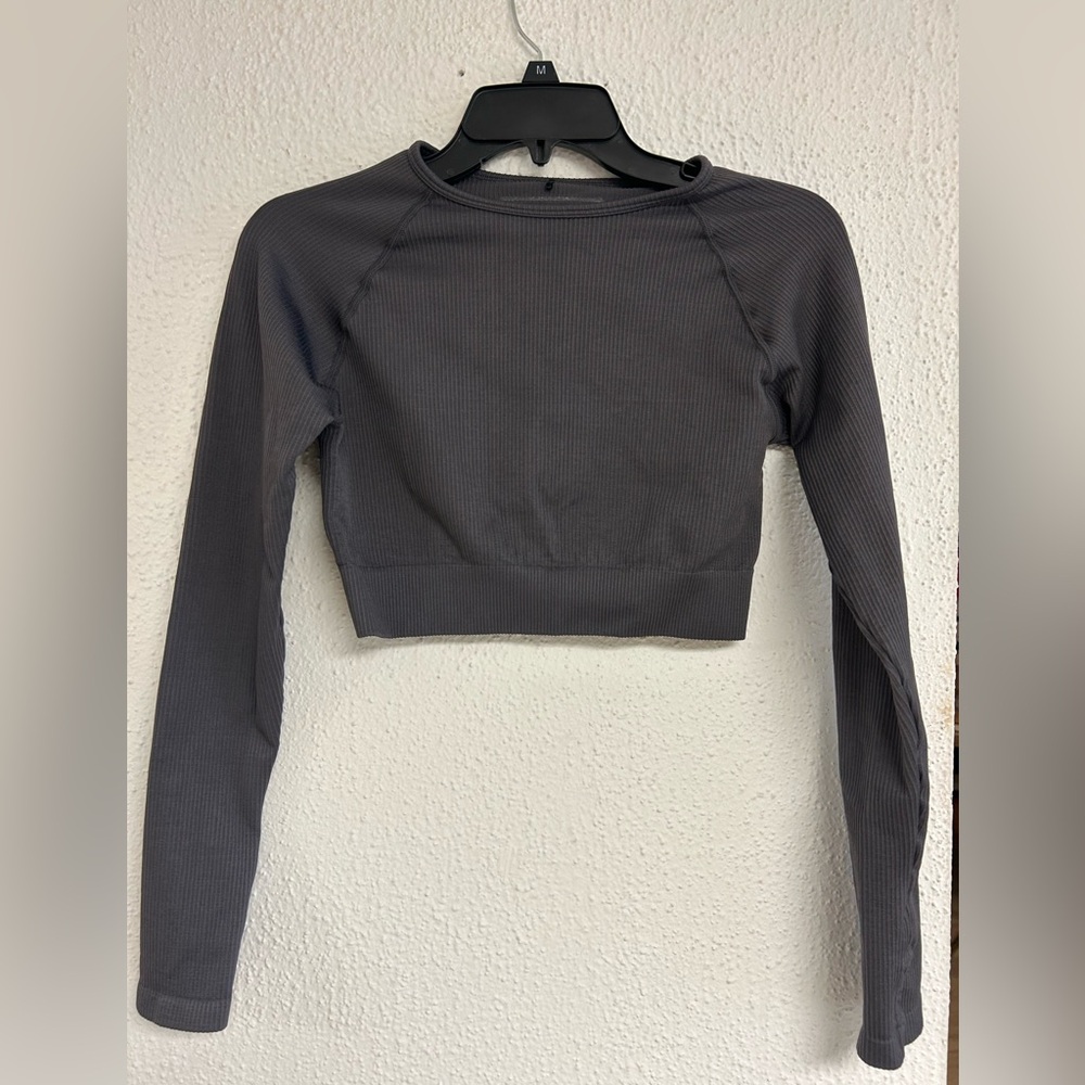 Pink Soda Sport Women's sz S/M Cropped Ribbed Sweatshirt‎ Dark Gray Long Sleeve